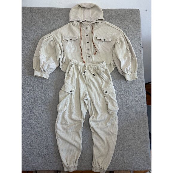 POL Track Suit Hoodie Oversized Waffle Knit Crop Top Hooded Pants - Picture 15 of 16